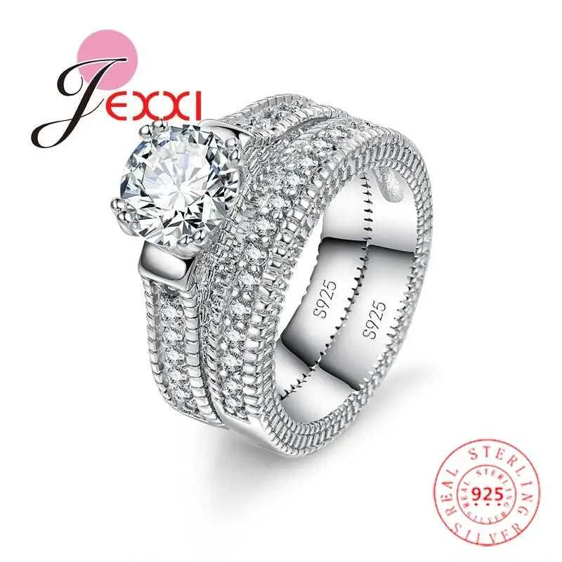 Genuine 925 Sterling Silver Ring Sets 2 PCS Bijoux Full African AAA Crystal Heart Stone Rings Romantic Wedding Best Chioce