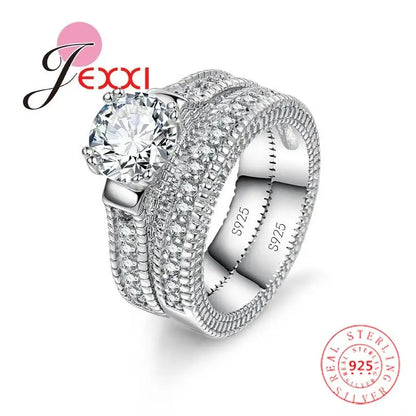 Genuine 925 Sterling Silver Ring Sets 2 PCS Bijoux Full African AAA Crystal Heart Stone Rings Romantic Wedding Best Chioce