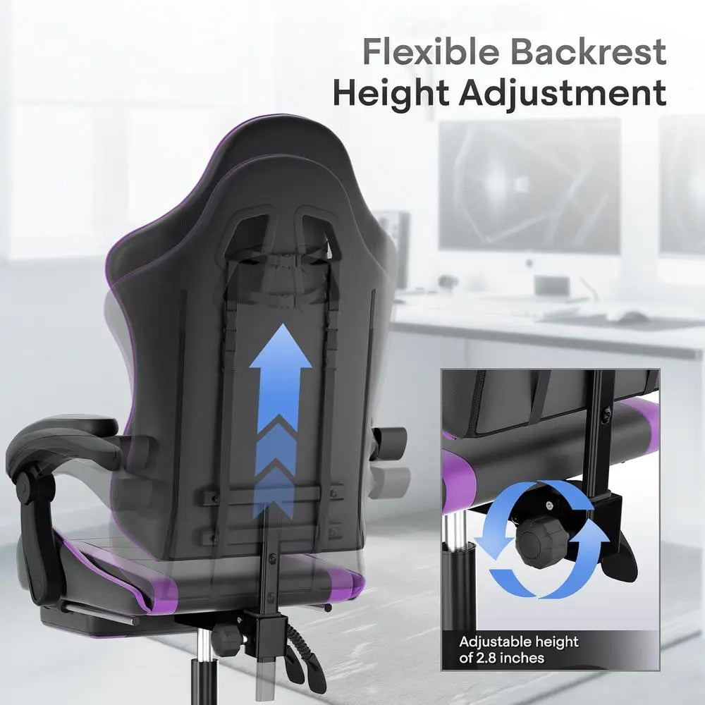 Purple Ergonomic Gaming Chair with Adjustable Height, Footrest, Headrest, and Lumbar Support for Kids and Adults