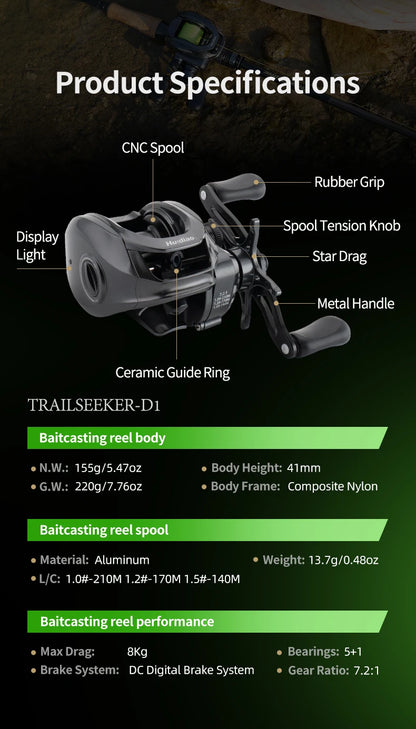 Huidiao TRAILSEEKER D1 Ultralight DC Baitcasting Reel 155g BFS Baitcaster 7.2:1 Zero Backlash 5+1BB for Bass Finesse Fishing