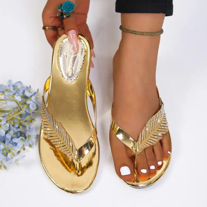 Luxury Rhinestone Leaf Flip Flops Woman Summer 2026 Gold Silver Crystal Low Heel Sandals Women Soft Bottom Lightweight Shoes 43