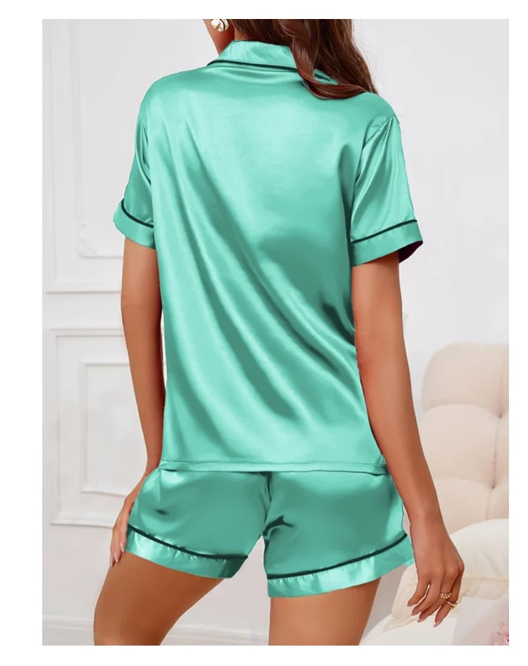 Women's Satin Pajama Set Summer Sleepwear Loungewear Short Sleeve Lapel Top & Shorts Pyjamas Button Home Clothes Pajamas Pjs Set