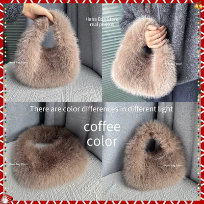 Solid Color Faux Fur Bag for Women Winter Soft Plush Handbags Ladies Small Elegant Tote Bags Fashion Trend Female Furry Purse
