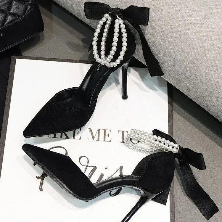Shoes for Women 2023 Brand Spring Women's Pumps Pointed Toe Solid Flock Beads Bow Tie Buckle Shallow Mouth Novelty High Heels
