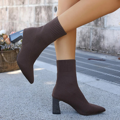Women Fashion Ankle Boots Autumn Pointy Solid Color Stretch Knitted Sock Boots Women Chunky Slip on Plus-size Shoes for Women