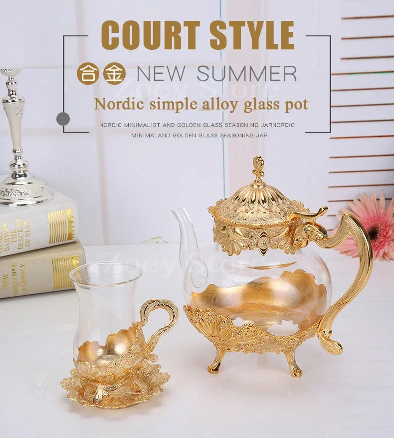Palace Golden Glass Teapot Kitchen Metal Cold Kettle Coffee Pot European Style Home Decoration Glassware Birthday Wedding Gifts