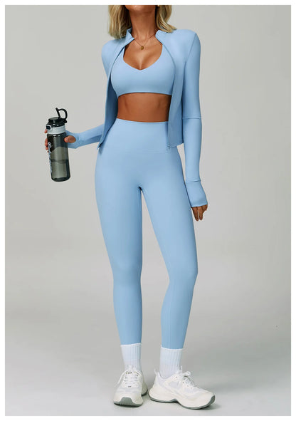 3PCS Yoga Sets Workout Set Women 2 Pieces Gym Suits High Waist Leggings Sport Bra Outfits Long Sleeve Fitness Running Sportswear