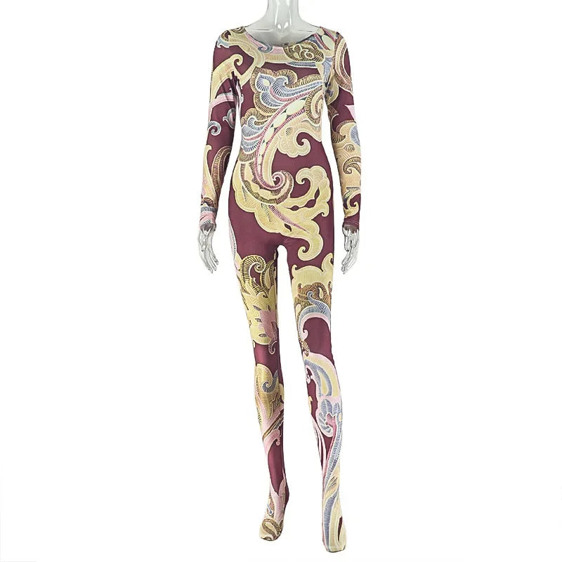 Printed Skinny Footed Jumpsuits Women Fashion O Neck Long Sleeve Peach Hips Slim Casual Streetwear Overalls Night Club Rompers