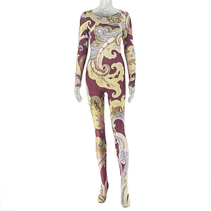 Printed Skinny Footed Jumpsuits Women Fashion O Neck Long Sleeve Peach Hips Slim Casual Streetwear Overalls Night Club Rompers