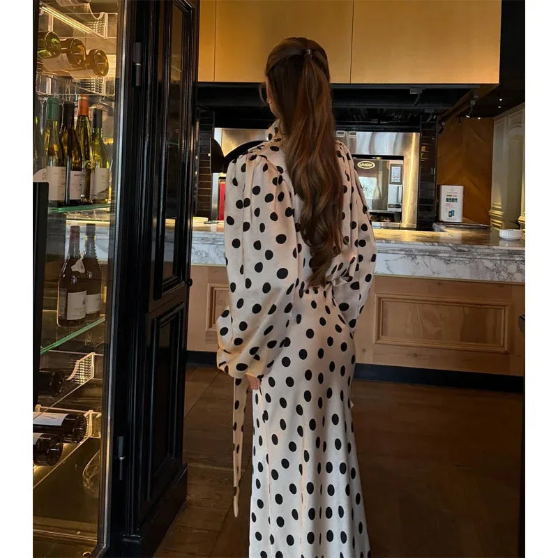 Black Polka Dot V Neck Shirt Skirt 2 Piece Set Elegant Women Long Sleeve Blouses With Scarf Suit 2026 Lady Commucate Outwear