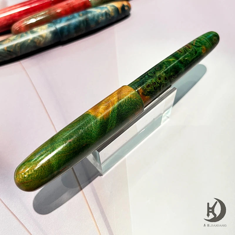 Natural Stabilized Wood Fountain Pen, Fine Nib Carving Handcraft Pen with Converter (Grass Green/Red/Blue)
