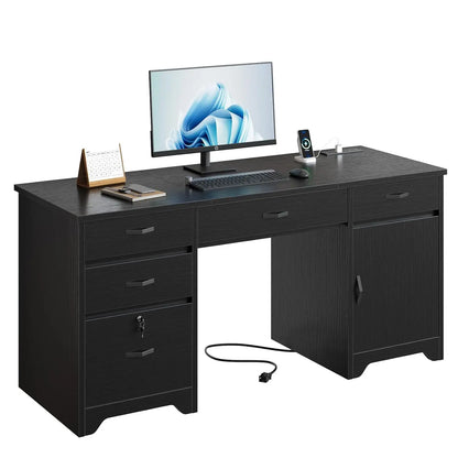 59” Office Desk with Lockable Drawers, Modern Computer Desk with File Drawer, Charging Station & Drop-Front, Customized