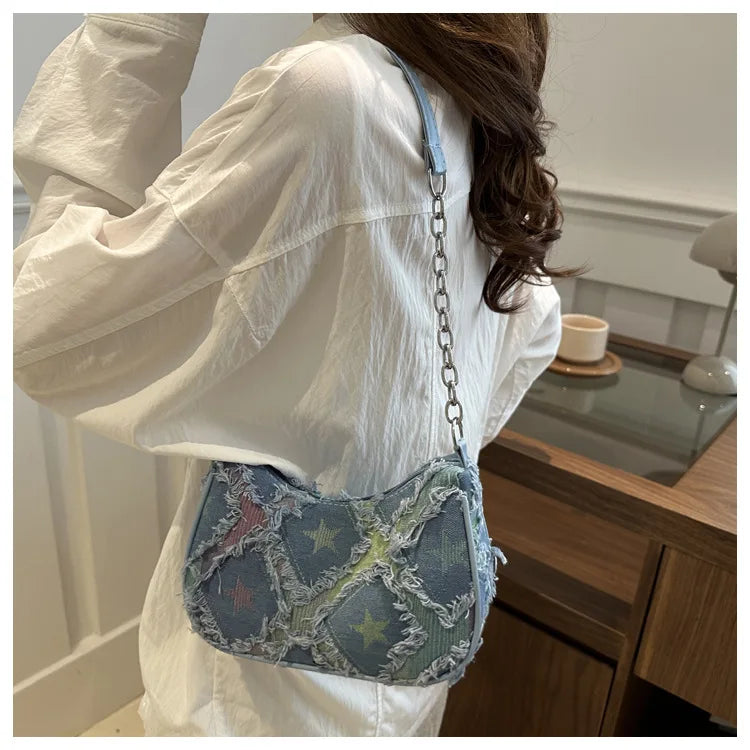 Women's Tote Bag with Star Pattern Blue Distressed Design, Golden-Tone Hardware, Stylish Handbag Shoulder Bag for Everyday Use