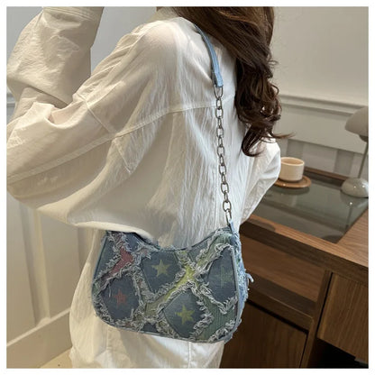 Women's Tote Bag with Star Pattern Blue Distressed Design, Golden-Tone Hardware, Stylish Handbag Shoulder Bag for Everyday Use