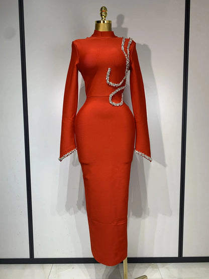 Women Sexy Long Sleeve Diamonds Maxi Long Bodycon Bandage Dress 2025 Celebrity Elegant Evening Party Luxury Birthday Dresses