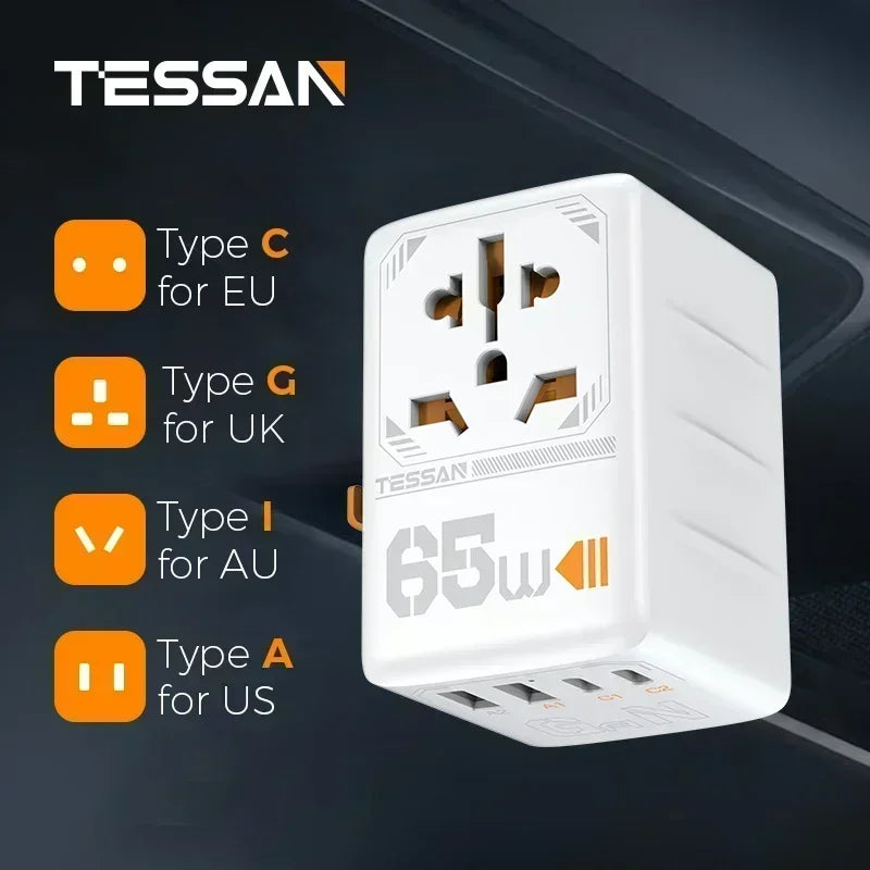 TESSAN 100W GaN Universal Travel Adapter with USB &Type C Fast Charging International Plug Adapter EU/UK/USA/AUS Plug for Travel