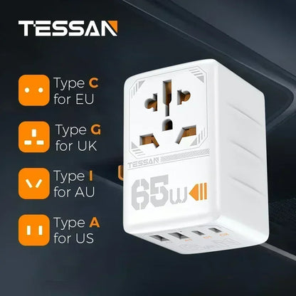 TESSAN 100W GaN Universal Travel Adapter with USB &Type C Fast Charging International Plug Adapter EU/UK/USA/AUS Plug for Travel