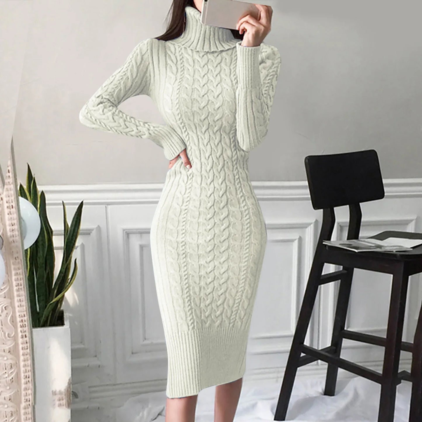 Autumn Winter Women Sweater Dresses Long Sleeve Turtleneck Dress Ladies Solid Color Knitted Bodycon Midi Dress Jumper Dresses