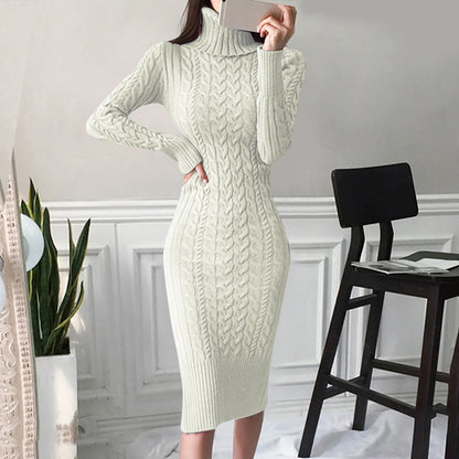 Autumn Winter Women Sweater Dresses Long Sleeve Turtleneck Dress Ladies Solid Color Knitted Bodycon Midi Dress Jumper Dresses