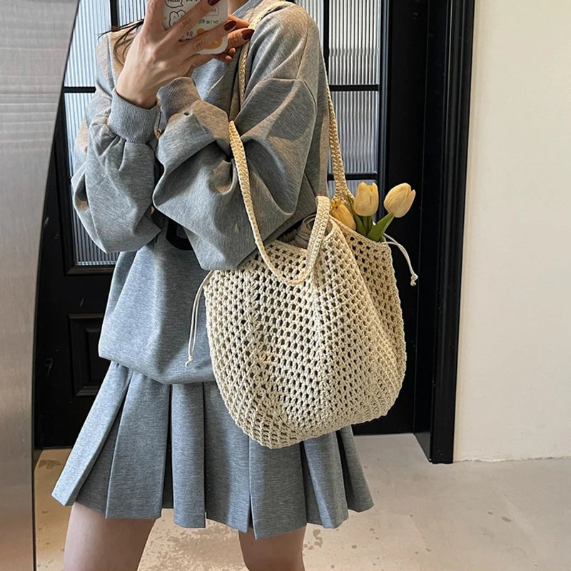 Chic Simple Lady Large Capacity Shoulder Bags Shopping Beach Bag for Women Casual Straw Woven Tote Bag Female Handbag Purses