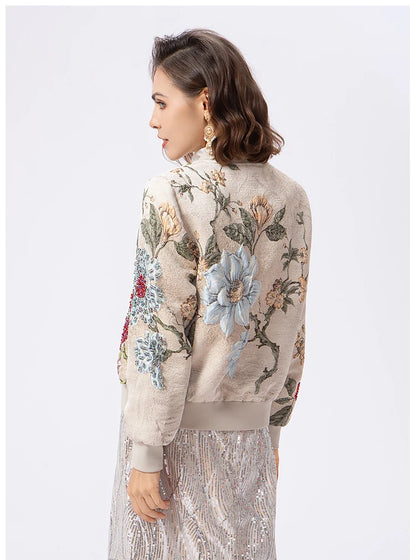 Luxury Beaded Embroidered Jacquard Bomber Jacket Women 2025 New Fashion Casual Chic Baseball Coat Elegant Versatile Outerwear
