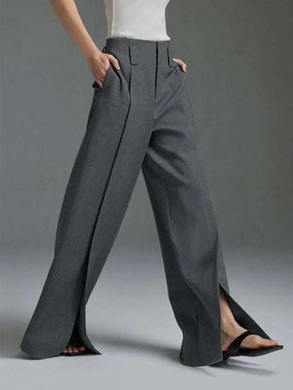 Yeezzi Urban Female Business Suit Pants 2025 New Fashion Black White Loose Straight Pant High-Waist Pleated Split-Front Trousers