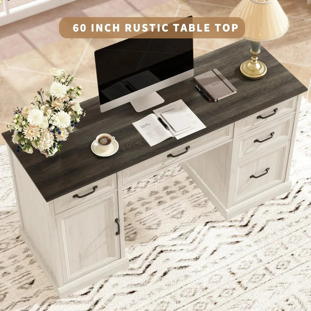 58'' Farmhouse Executive Desk with Drawers, Home Office Desk with File Drawer and Storage Cabinet, Rustic Computer Desk