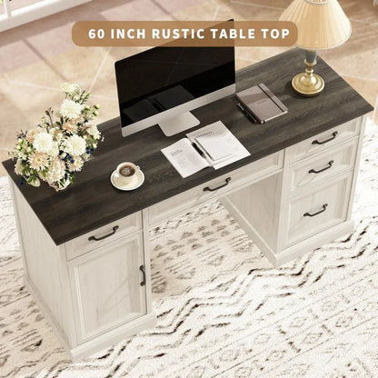 58'' Farmhouse Executive Desk with Drawers, Home Office Desk with File Drawer and Storage Cabinet, Rustic Computer Desk