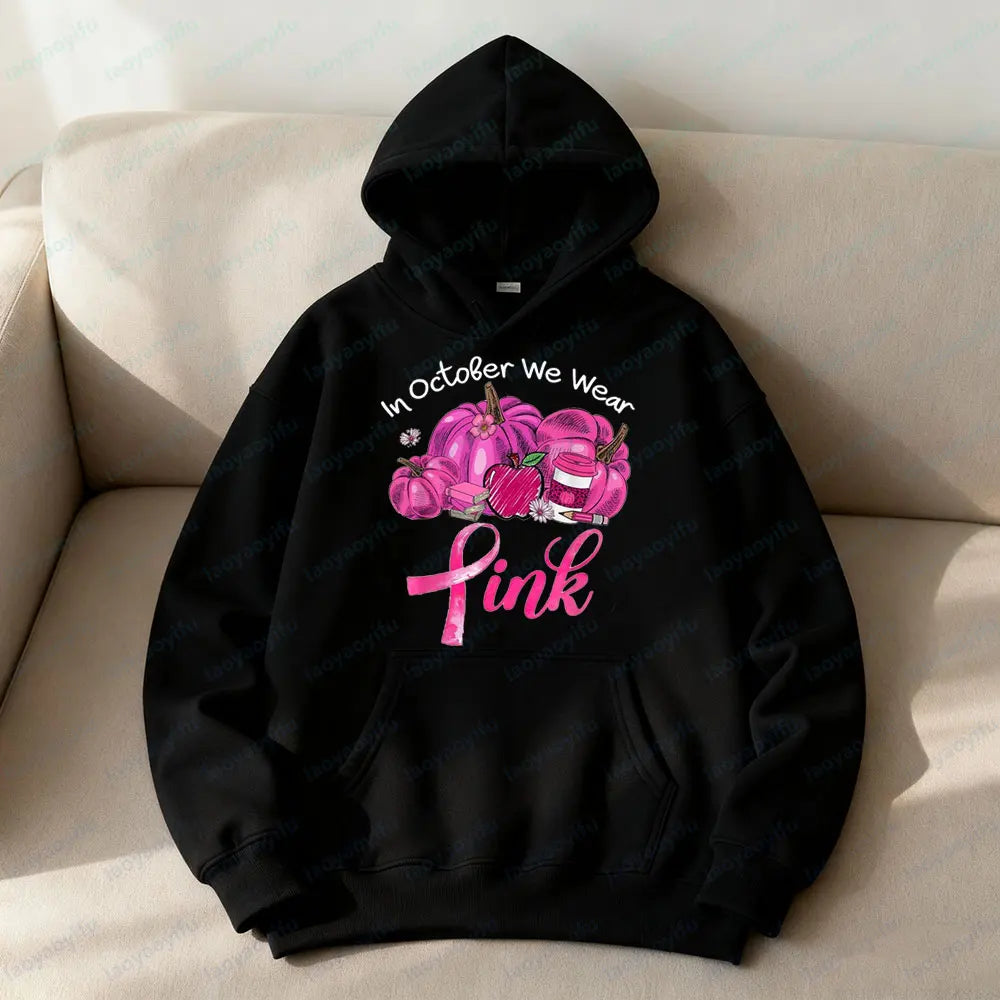 In October We Wear Pink Sweatshirt Retro Pumpkin Hoodies Breast Cancer Awareness Fighter Tops Pink Bow Ribbon Women Streetwear