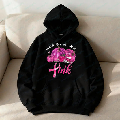 In October We Wear Pink Sweatshirt Retro Pumpkin Hoodies Breast Cancer Awareness Fighter Tops Pink Bow Ribbon Women Streetwear