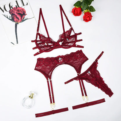 Sexy Bodysuit Sets Elegant Newest Product Diamond Decoration Grain Sexy Lace Hollow Out Design Underwear Set With Steel Rim UBNS