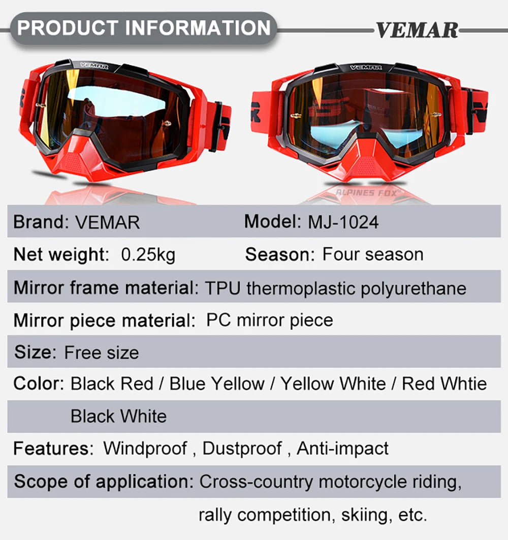 VEMAR Motorcycle Goggles Men Dustproof Motocross Helmet Glasses Skiing Gafas MTB ATV Dirt Bike Moto Sunglasses Outdoor Riding