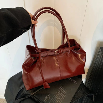 Women's Vintage Glossy Oil Wax Leather Tote Bag Buckle Casual Shoulder Handbag Elegant Work Bag for Daily Commute Top-handle Sac