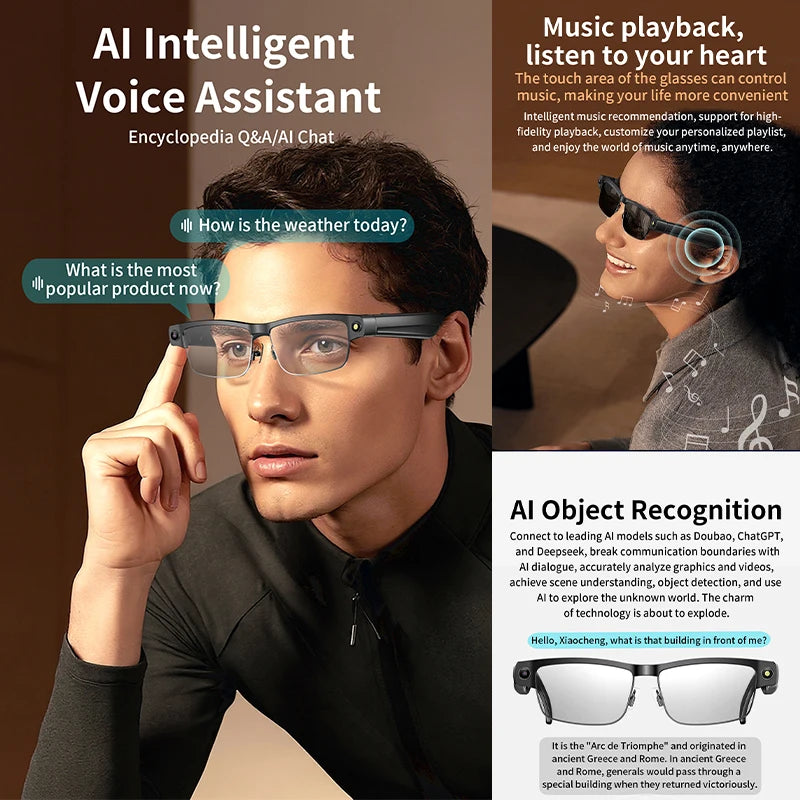 2026 Smart Glasses 800W HD Camera Anti Shake Video Recording Music AI Object Recognition WIFI Transmission BT Call Smart Glasses