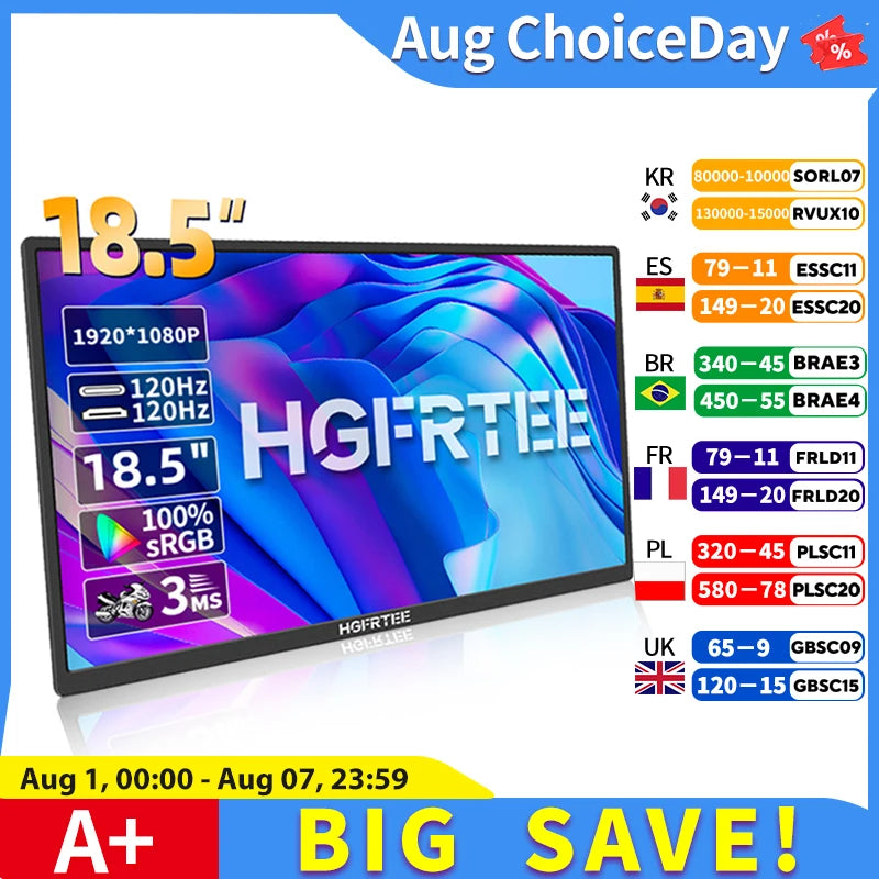 HGFRTEE 18.5inch Portable Monitor 120Hz RGB100% With VESA Hole & Back bracket Laptop Extended Display ADS-IPS HDR Screen