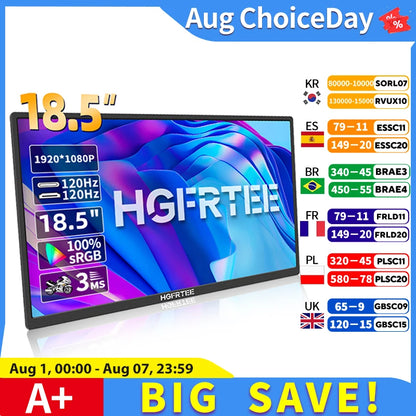 HGFRTEE 18.5inch Portable Monitor 120Hz RGB100% With VESA Hole & Back bracket Laptop Extended Display ADS-IPS HDR Screen