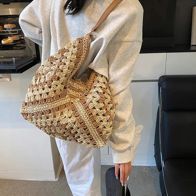 Ladies Knitted Straw Handbag Hollow out Hand Woven Beach Shoulder Bag for Women Seaside Tote Perfect for Vacations
