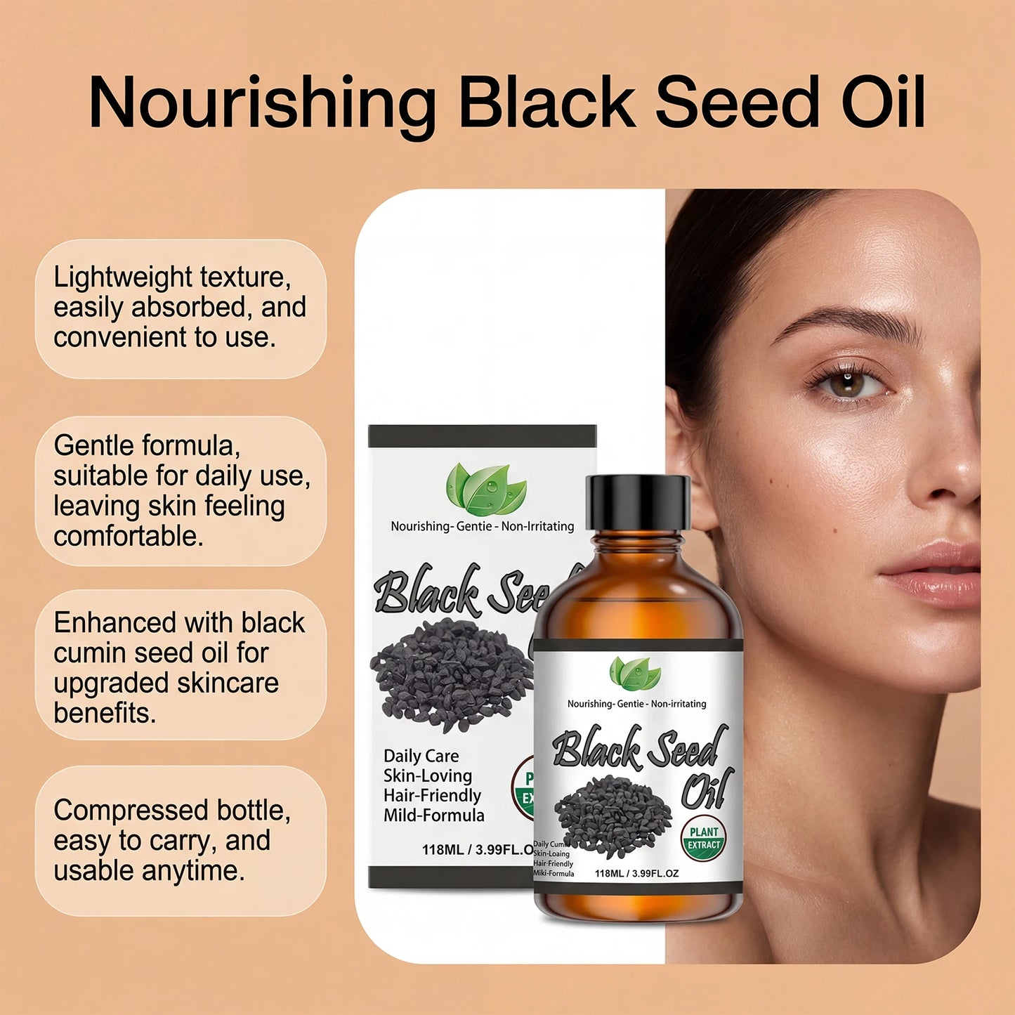 Pure Black Seed Oil Essence Multipurpose Deep Nourishing Oil for Face Body Hair Scalp Soothing Hydrating Refreshing Skincare Oil