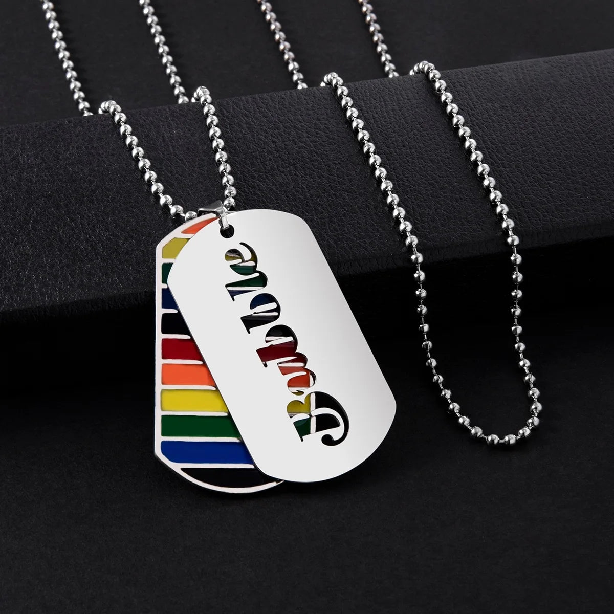 Stainless Steel LGBT Gay Lesbian Love Pride Necklaces Enamel Rainbow Flag Double Pendant Necklace