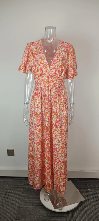 Summer Women Floral Print Casual Long Dress Fashion V Neck Short Sleeve Elegant Office Female Beach Party Maxi Dresses Robe