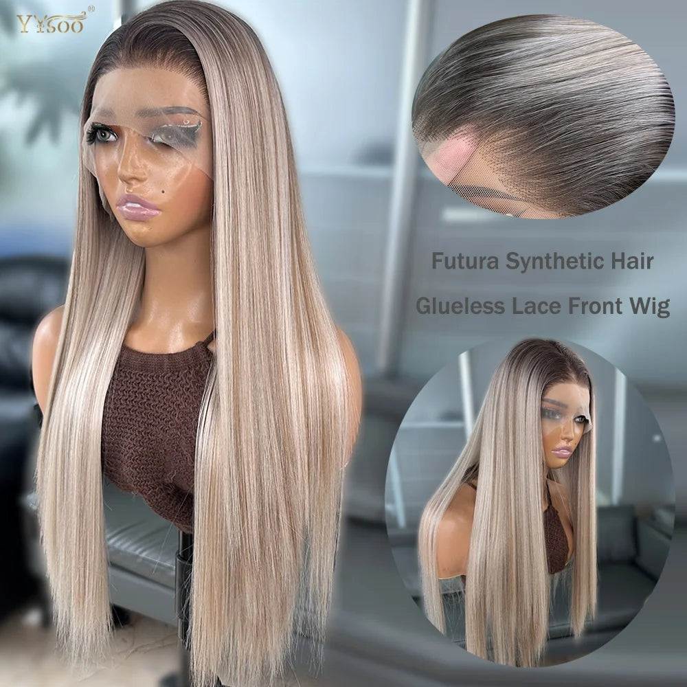 Long Heat Resistant 13x6 Synthetic Lace Front Wig Japan Futura Hair Ombre Highlights Silky Straight Hair Pre Plucked Hairline