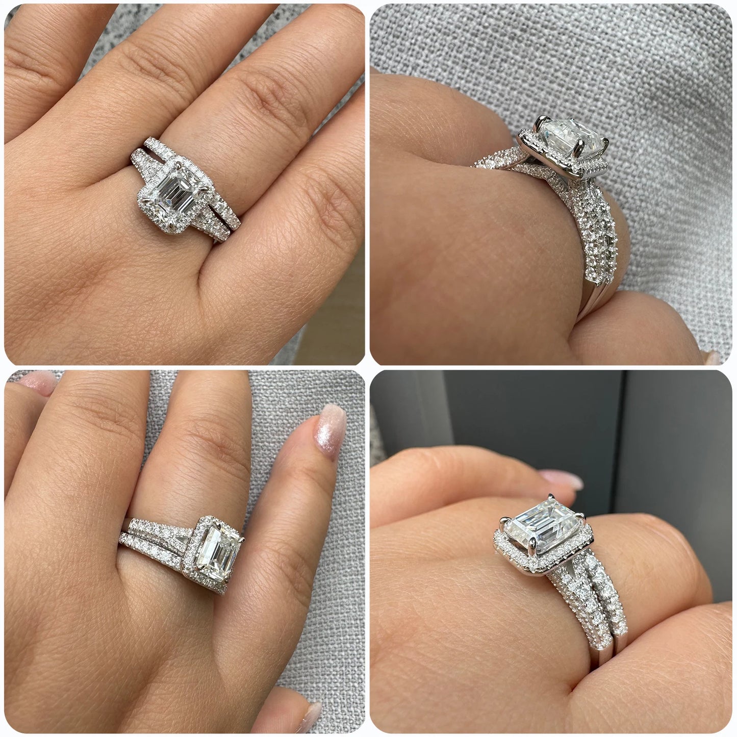 Newshe Women's Stackable VVS1 Moissanite Wedding Ring Set GRA Certified Halo Emerald Cut 925 Sterling Silver Bridal Rings