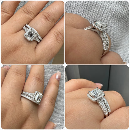 Newshe Women's Stackable VVS1 Moissanite Wedding Ring Set GRA Certified Halo Emerald Cut 925 Sterling Silver Bridal Rings