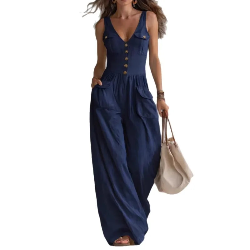 Casual New Solid Women's Jumpsuit Fashion Sexy V Neck Button Front Boho Rompers Summer Sleeveless Pocket Wide Leg Overalls
