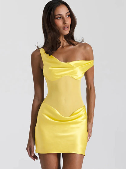 Oniflyme Mesh Patchwork Satin Mini Dress Women Inclined Shoulder Backless Ruched Slim Party Outfits Sleeveless Bodycon Dresses
