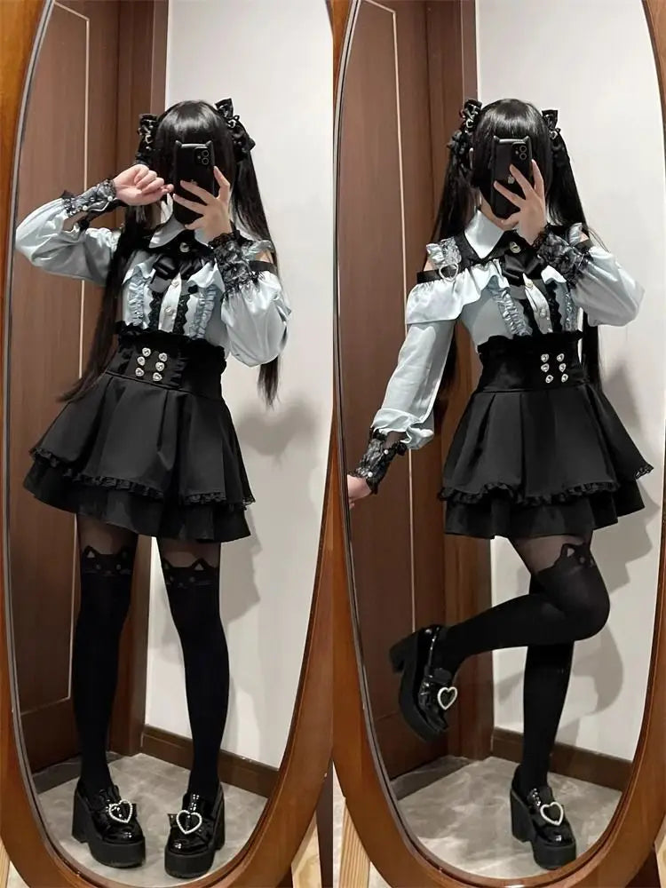 Gothic Women's Clothing Shirt Long Sleeve Lolita Blouse Japanese Bow Tie Sweet Cute Tops Design Streetwear Y2k Retro Blouse New