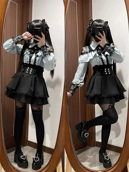 Gothic Women's Clothing Shirt Long Sleeve Lolita Blouse Japanese Bow Tie Sweet Cute Tops Design Streetwear Y2k Retro Blouse New