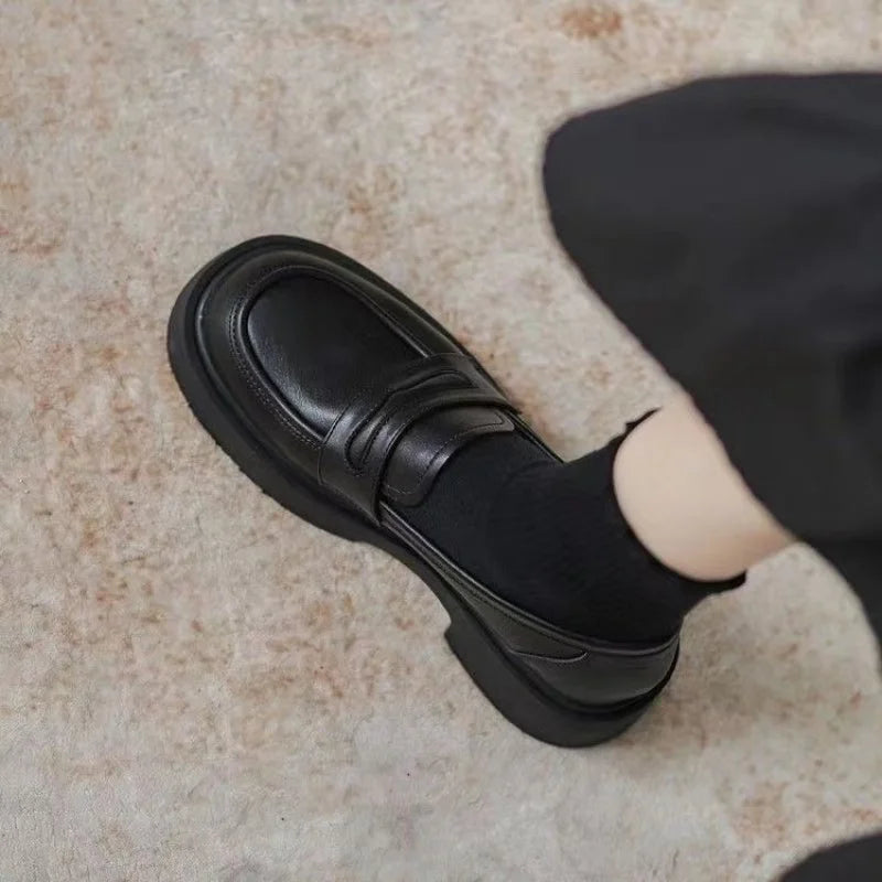Women Black/Reddish Brown Platform Loafers Round Toe Chunky Sole Slip On Penny Loafers Comfortable Casual Office Shoes