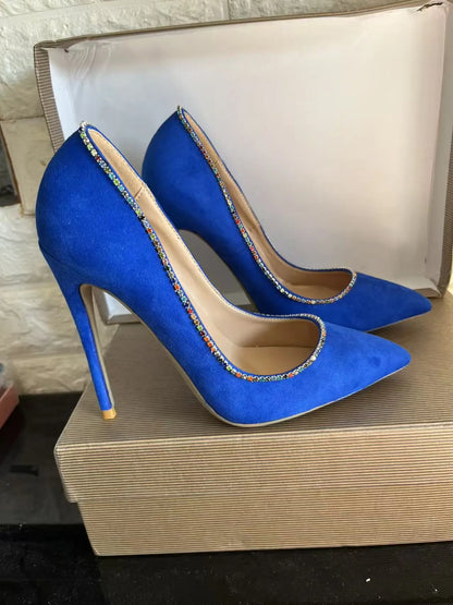 New Style Fashion Women Pumps Blues Suede Rhinestone Shallow Mouth High Heels Single Shoes Pointy Toe Stiletto Party Lady Shoes