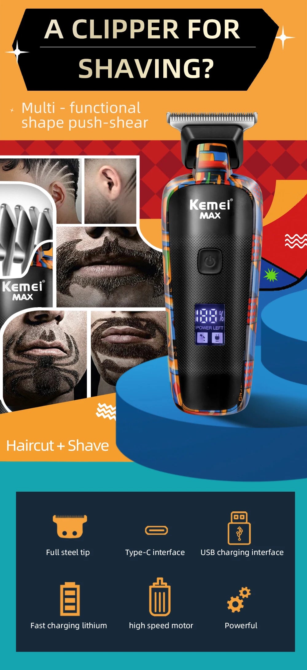 Kemei-5090 Digital Display Professional Barber Pusher For Men Hair Clipper Reciprocating Random Graffiti Pattern Electric